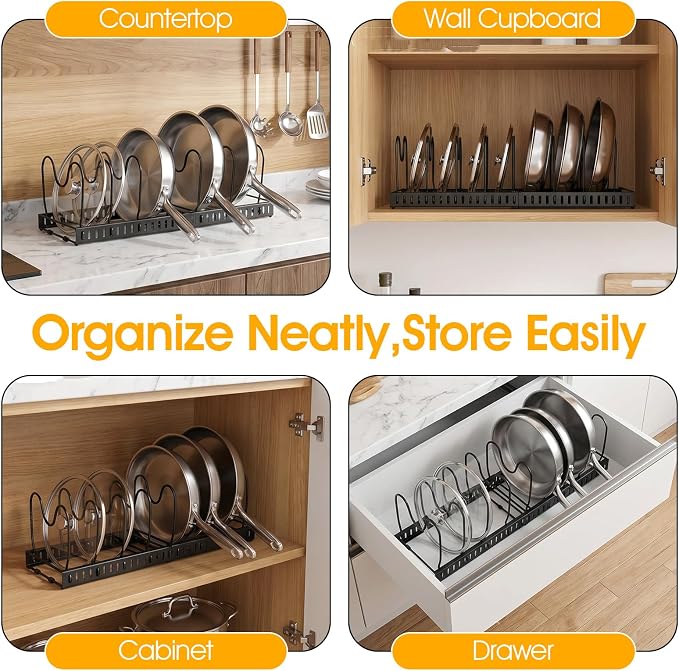 2 Pack Pot and Pan Organizer Expandable 12-23 Inch Pot Lid Pan Organizers Inside Cabinet with 14 Adjustable Dividers Heavy Duty Iron Storage Rack for Pots Pans Lids Black