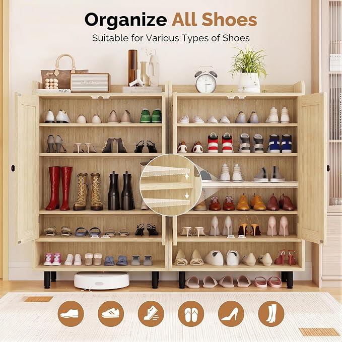 Farmhouse Shoe Cabinet with Doors, 6-Tier Wooden Shoe Organizer with Adjustable Shelves, Entryway Storage Cabinet, Rustic Shoe Storage for Entryway or Living Room (Nature)