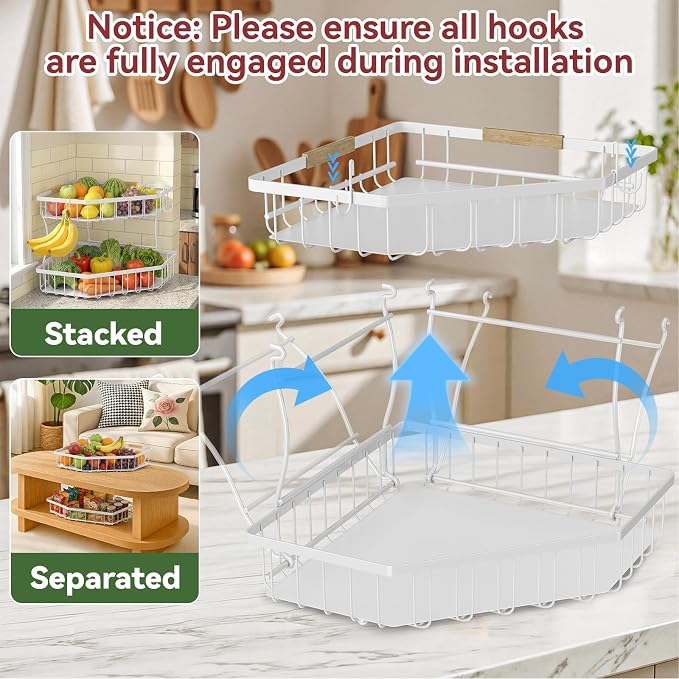 2 Tier Fruit Basket for Kitchen Counter - Detachable Metal Fruit Bowl with 2 Banana Hangers for Corner , Large Capacity Fruit Stand with Wooden Handle for Bread Fruit and Vegetable Storage- White