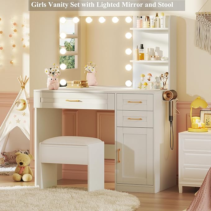 HUAHUU Vanity Desk with Lights, 37inch Makeup Vanity Desk with Mirror & Power Outlet, 3 Colors Lighting Adjustable Brightness, Makeup Vanity Set with Cushioned Chair and Cabinet, 3 Drawers, White