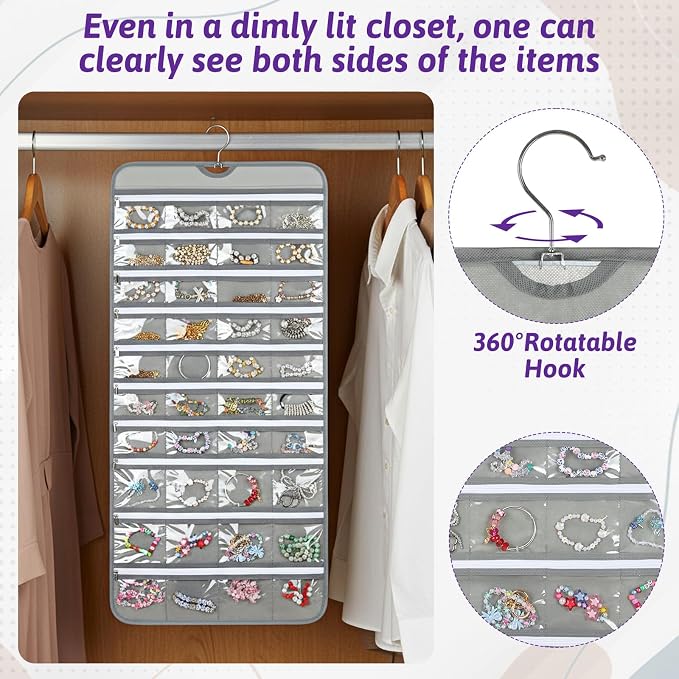 2 Pack Hanging Jewelry Organizer with 80 Zippered Pockets, Dual-Sided Dustproof Foldable for Travel, Accessories Organizer for Holding Jewelries, Earring Organizers and Storage