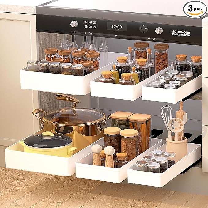 Heavy Duty Pull Out Kitchen Cabinet Organizer,ABS Material Prevent Rust Kitchen Organization,No Punch for Cupboard, Bathroom Cabinet Organizer, Pantry, Slide Out Drawers Shelf Storage,3 Size