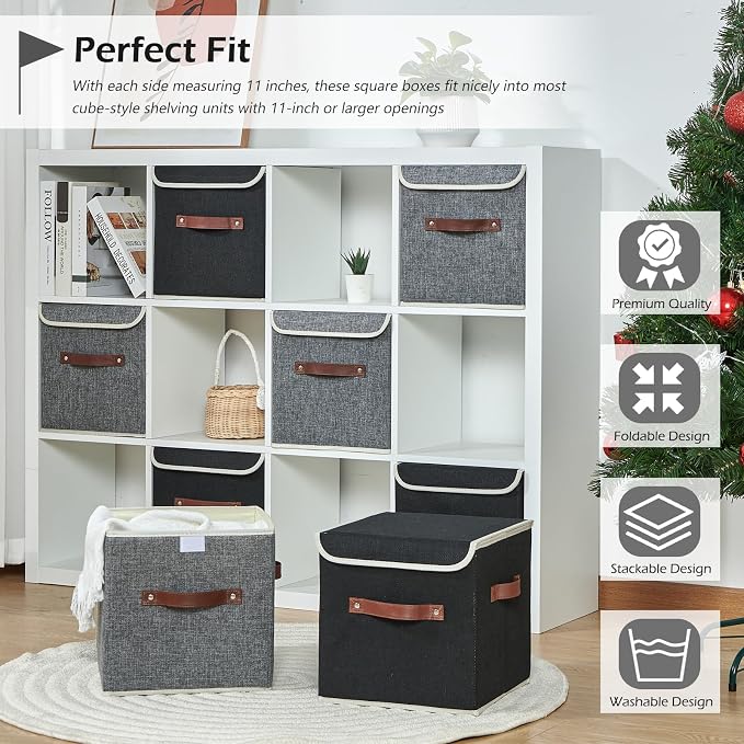 4PCS Storage Cubes with Lid Fabric Storage Bins Boxes PU Leather Handles Cotton Linen Closet Organizer Container Decorative Foldable Washable Shelf Cloth Basket (Flip-top Lid, Gray, 11in)