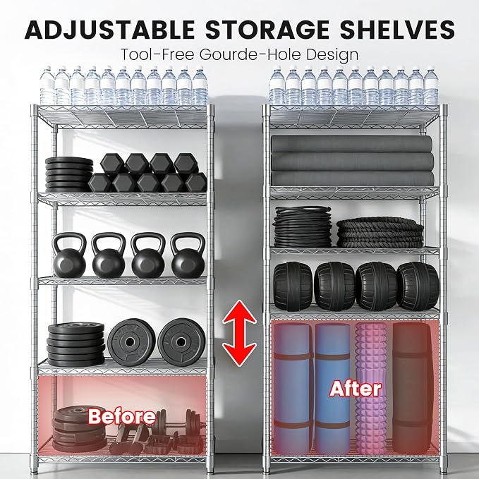 Xcity Storage Shelves, 5 Tier Heavy Duty Metal Shelving Unit, 2000 LBS Adjustable Steel Wire Shelf for Commercial, Pantry, Kitchen, Garage, 14" D x 30" W x 60" H, Chrome