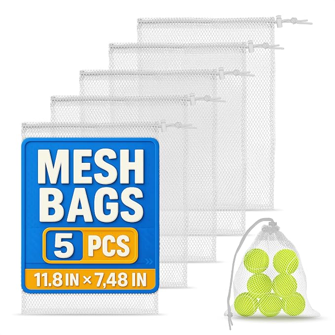 5 Pcs Small Mesh Bags with Tight Closure, 11.8 x 7.48", Nylon (White) | Mesh Laundry Bags Drawstring for Delicates; Multipurpose for Storing Balls, Clothes, Sports Gear, Beach Supplies & Travel Use