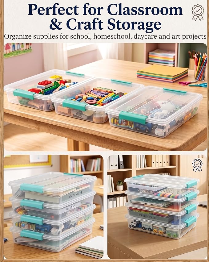 AREYZIN 6 Qt Clear Storage Bins with Lids,Stackable Plastic Storage Containers with Secure Latches,Multi-Purpose Classroom Storage Organizer for Craft Supplies,Paper & Office Stationery,4 Pack