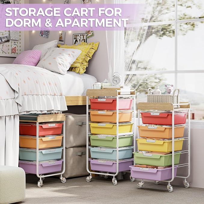 SYKIARIOL Rolling Cart with 6 Drawers, Utility Storage Cart with Labeling Jelly Bean Color Drawer for Classroom, Kids Room, Dorm, School, Storage Study Arts Craft Sewing Supplies Organizers
