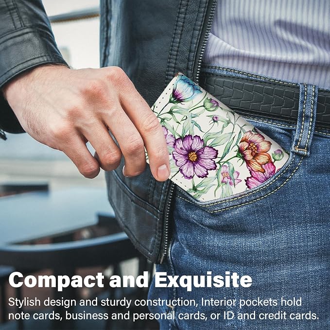 Business Card Holder，PU Leather Business Card Case Color Printing Pattern Card Holder Wallet，Pockets Magnetic Credit Card Holders for Men and Women - Colorful Daisy