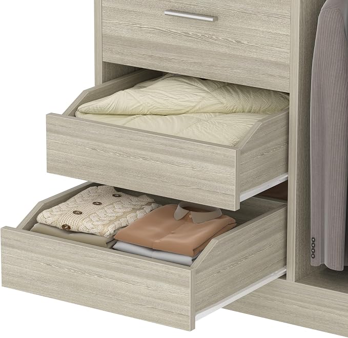 36 Inches Modular Closet Drawers System, 3FT Wood Closet Organiser with Closed & Half-Open Drawers, Walk-in Freestanding Wardrobe Storage Cabinet with 6 Shelves, White Oak (36"L x 15" W x 80" H)