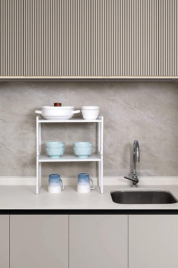 Nxconsu Stackable Cabinet Shelf Organizer 2 Pack, Wide Tall White | Heavy-Duty 3mm Steel Stackable 2-Tier Shelf, Holds 50 lb, for Kitchen Cabinet Pantry Cupboard Counter Bathroom Under Sink