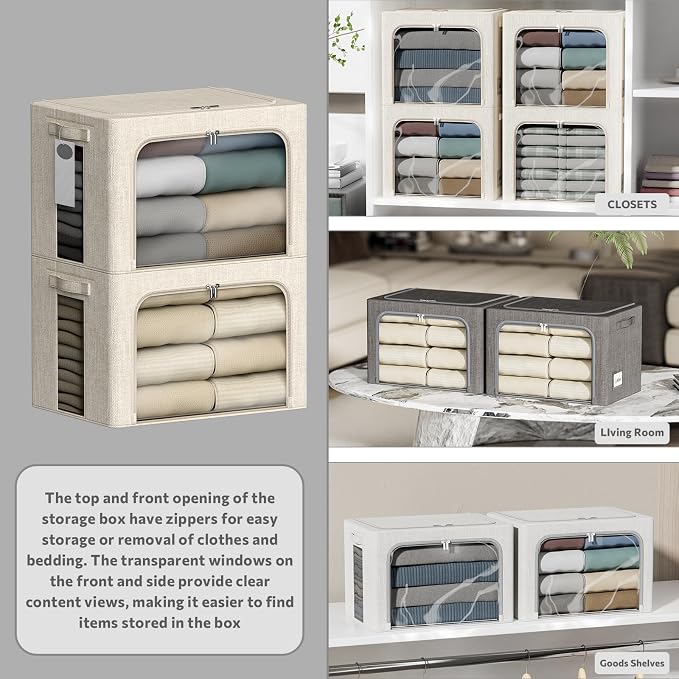 4 Pack Clothes Storage Bins with Metal Frame - 22L Stackable Storage Box with Lid，Foldable Storage Container Organizer for Clothes，Linen Fabric Storage Box with Clear Window＆Zippers＆Handles