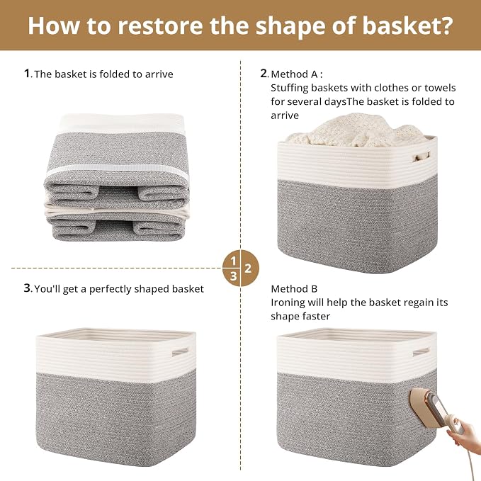 OIAHOMY Cotton Rope Woven Baskets for Organizing 3-Pack 13x15x12.6IN Closet Storage Bins for Clothes Rectangular Storage Baskets for Kids Toy Bins, Living Room Baby Nursery - White & Grey
