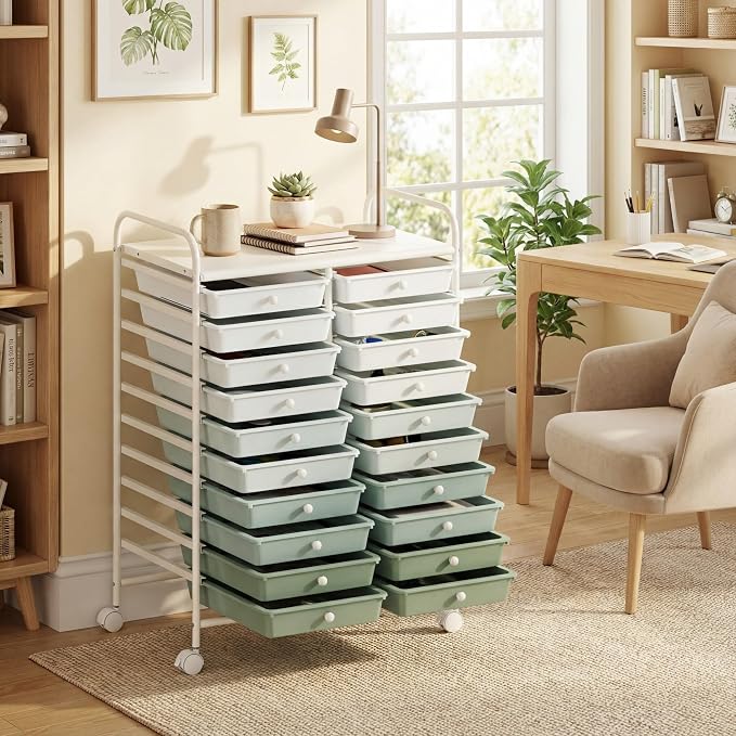 GOFLAME 20-Drawer Rolling Storage Cart, Art Craft Organizer Cart, Mobile Utility Storage Cart with Removable Drawers & Lockable Wheels, Craft Cart for Home Office School, Green Gradient