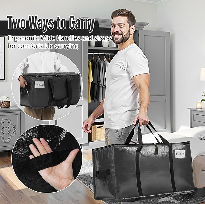 BAGAIL Heavy Duty Moving Bags with Strong Handle, Extra Large Moving Boxes, Storage Tote for Clothes, College Moving Supplies(Black, 4 Pack)