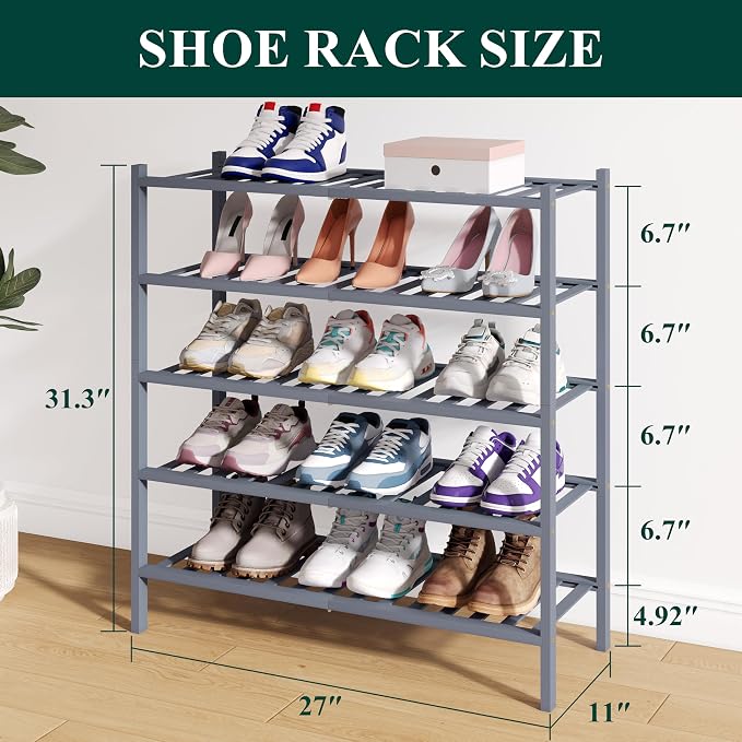 Smiry Bamboo Shoe Rack for Closet, 5 Tier Wooden Shoe Organizer, Stackable Wood Shoe Storage Shelf for Entryway, 14 Vertical Slats, 2+3 Stack Heavy-Duty Legs, 26.77"x11.02"x31.3", Grey