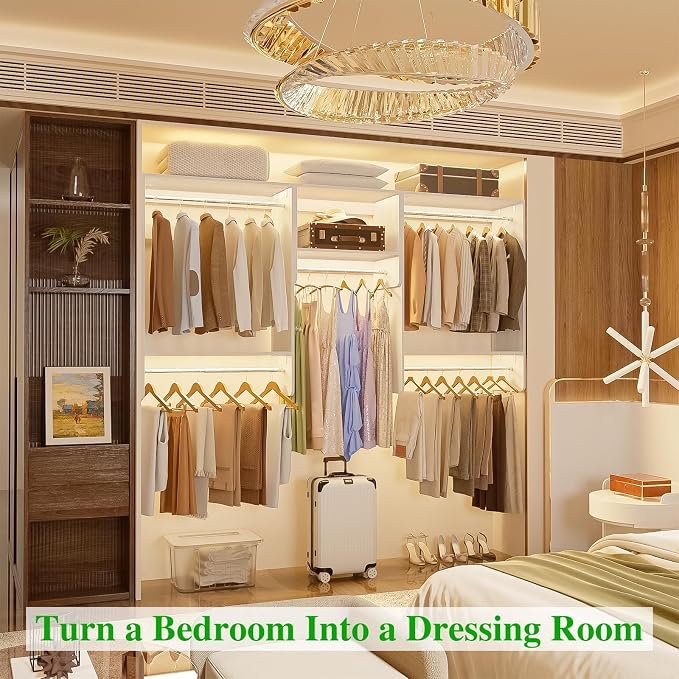 Unikito 36” - 96” Closet System, 8FT Walk in Closet Organizer Starter Kit with 5 Hanging Rods and 3 Shelves, Heavy Duty Reversible Wood Clothing Racks, Cut Be Cut to Fit, Max Load 1200 LBS, White