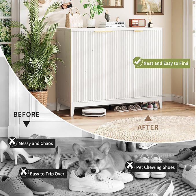 Vlsrka Shoe Storage Cabinet with Fluted Doors and Adjustable Shelves | 6 Tier Wooden Shoe Organizer, Large Capacity, Human Sensor Lighting, 180° Rotating, for Entryway, Hallway, Living Room, White