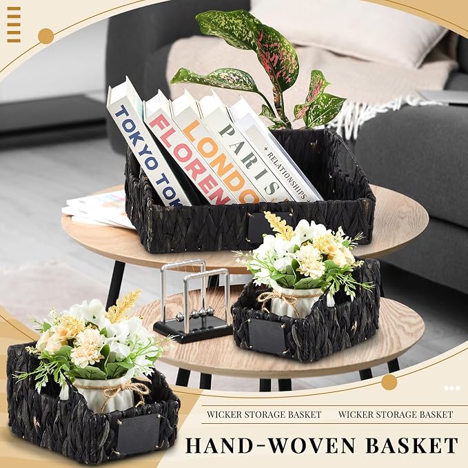 Wonderjune 4 Pcs Water Hyacinth Storage Basket Set Boho Wicker Rattan Pantry Basket with Chalkboard Label Handles Woven Container Kitchen Laundry Large Small for Shelf Food Home Bathroom Decor(Black)