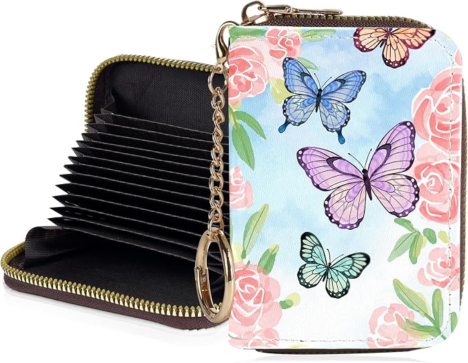 Credit Card Holder for Women,Small Rfid Wallet with Keychain Zipper,Cute PU Leather Card Case Wallet，Accordion Credit Card Wallets Gift,Pink Flowers and Butterflies