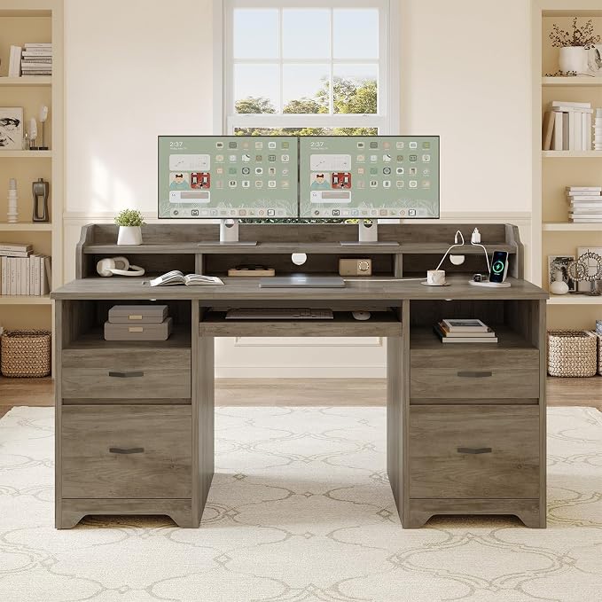 Bestier 59" Executive Desk with Charging Station & Monitor Stand, Grey | Farmhouse Wood Computer Desk with Drawers, Home Office Desk with Keyboard Tray, Sturdy Pedestal Desk for Work Study