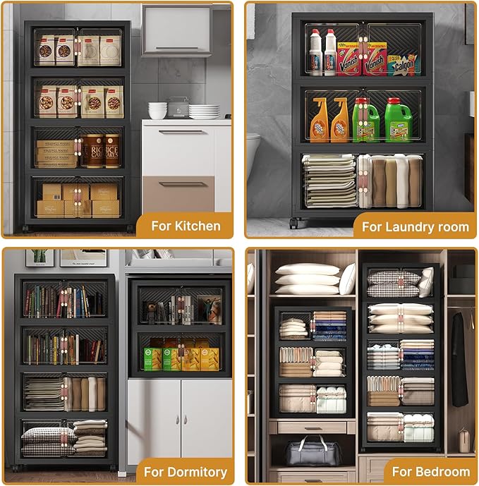 UAMFURI Extra Large Stackable Storage Bins with Lids & Wheels, Foldable Collapsible Closet Organizers Dark Storage Cabinet with Doors for Bedroom Dorm