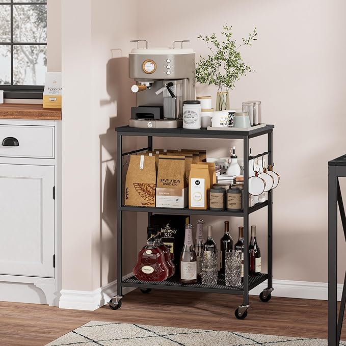 Homleke 3-Tier Rolling Kitchen Microwave Cart, Utility Cart | with Lockable Wheels Coffee Bar Table Station with 6 Hooks, Small Appliance Storage Shelf, Black