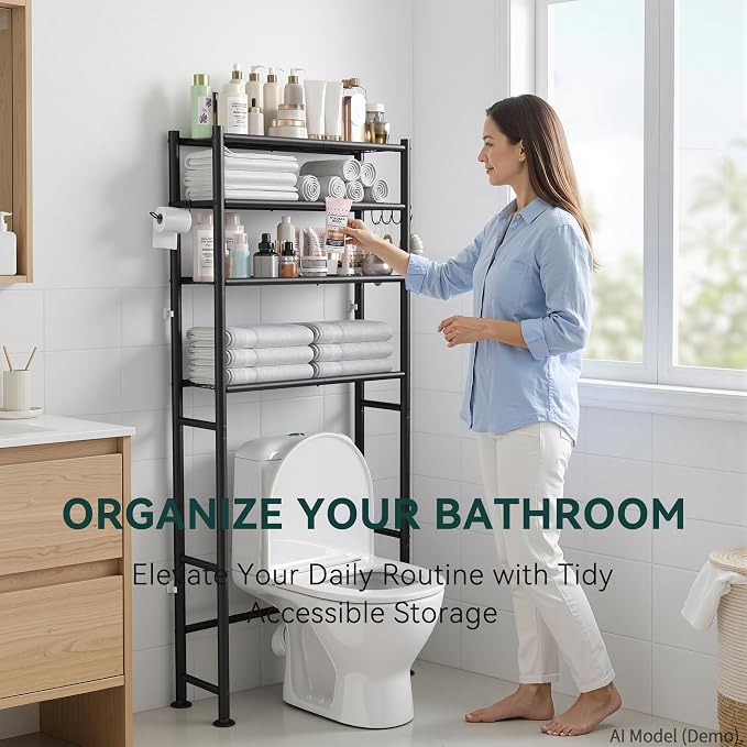 GloTika 4-Tier Over The Toilet Storage Shelves, Black | 200lb Total Capacity, Metal Bathroom Organizer with 36" Clearance, Includes Paper Holder & 4 Hooks, Suit for Small Space