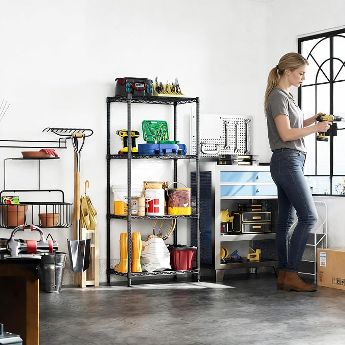 4 Tier Wire Shelf, 1000 LBS Black Wire Shelving Unit for Garage Storage | 13.8" D X 23.6" W X 53.4" H Shelving Unit with Adjustable Layer, Metal Wire Shelf Rack for Pantry Kitchen and Restaurant