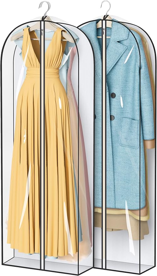 MISSLO 65" Clear Garment Bags for Hanging Clothes 4" Gusseted Dress Bags for Gowns Long Dress Cover for Closet Storage Dress Protector Bag, 2 Packs