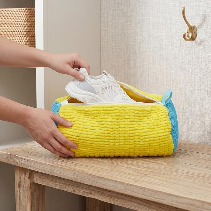 Shoe Washing Machine Bag Built-in Bristles | 2 Pack with Shoe Crease Protectors, for Women & Men, Yellow, Reusable Sneaker Laundry Bag for Washer and Dryer