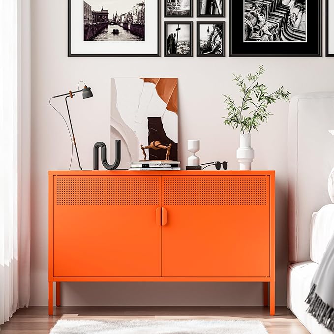 Washsemba 2 Door Accent Cabinet,Orange Metal Storage Cabinet with Adjustable Shelf,2-Tier Shelf,Multipurpose Metal Locker Storage for Office Home,Music Studio (Orange)