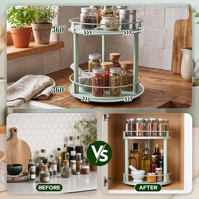 Mint Green Lazy Susan Organizer 2 Tier, Spice Rack Lazy Susan Organizer for Cabinet 10 Inch Rotating Spice Holder for Kitchen Countertop Pantry Dining Table Coffee Bar Storage