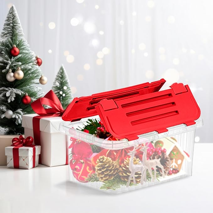 Superio Red Storage Box with Red Hinged Lids, Plastic Container Bins for Organizing with Attached Lid, Stackable Crates, BPA Free, Organizers for Home and Office, 27.5 Quart (17"x11.65"x12.25)