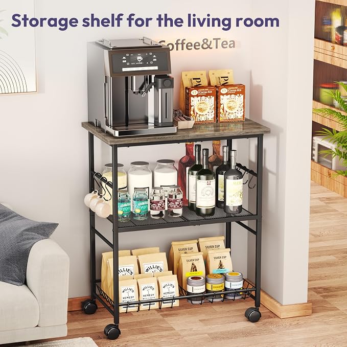 SWTYMIKI Rolling Kitchen Microwave Cart - 3 Tier Microwave Table Stand with Storage Basket and Hooks, Kitchen Utility Cart on Wheels, Coffee Cart Shelf Rack Organizer for Living Room Office, Balcony