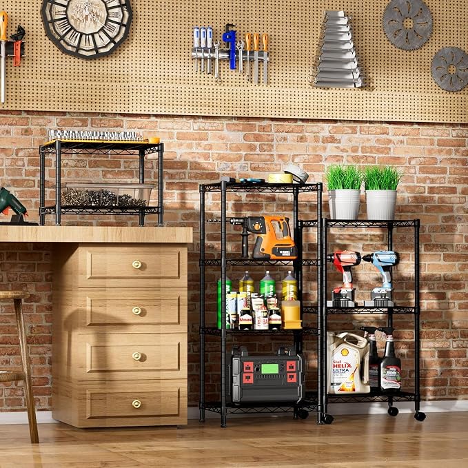Xcity Storage Shelves, 2 Tier Heavy Duty Metal Shelving Unit with Wheels, 700 LBS Adjustable Steel Wire Shelf for Commercial, Pantry, Kitchen, Garage, 14" D x 24" W x 20" H, Black