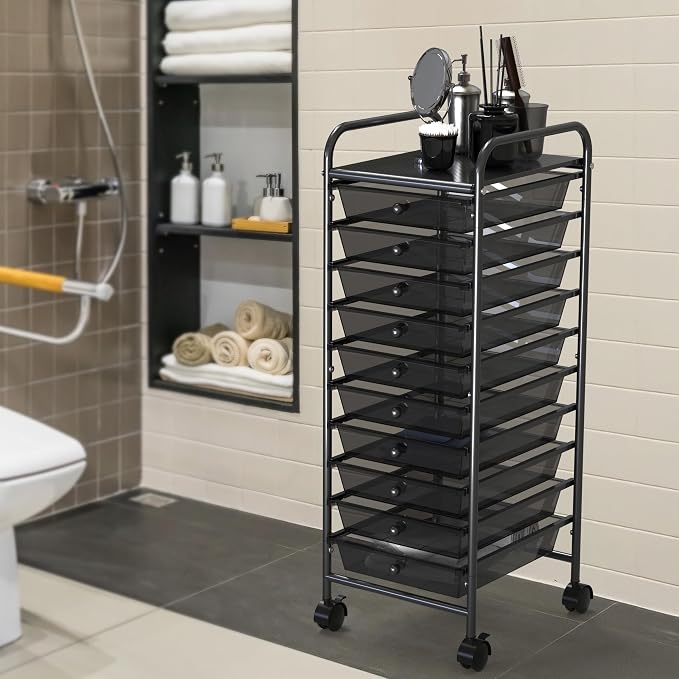 Simple Houseware 10 Drawers Rolling Utility Cart Organizer, Black | 1-Column, 36" Height, Lockable Wheels, for School, Office, Art Craft, and Paper Storage