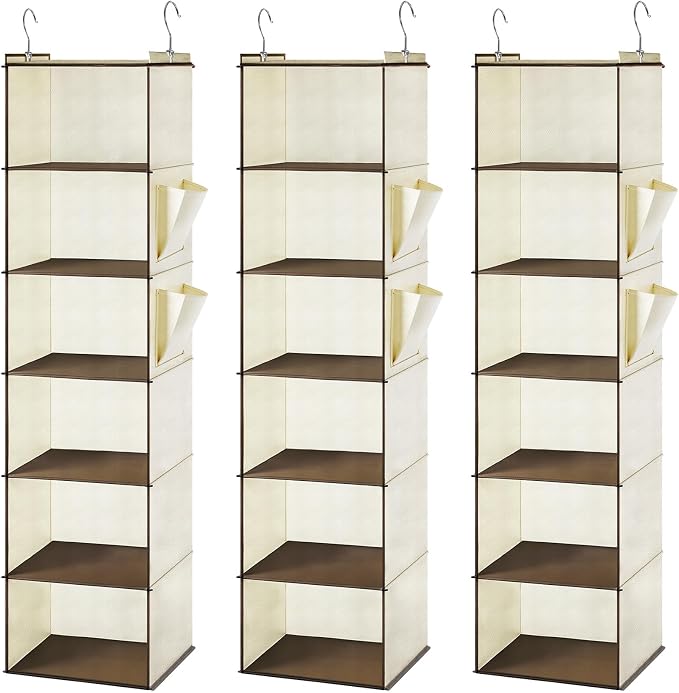 Leinuosen 6 Tier Shelf Hanging Closet Organizer Hanging Shelves for Closet with 2 Sturdy Hooks for Storage, for Dorm, 3 Pack, Foldable (Beige)