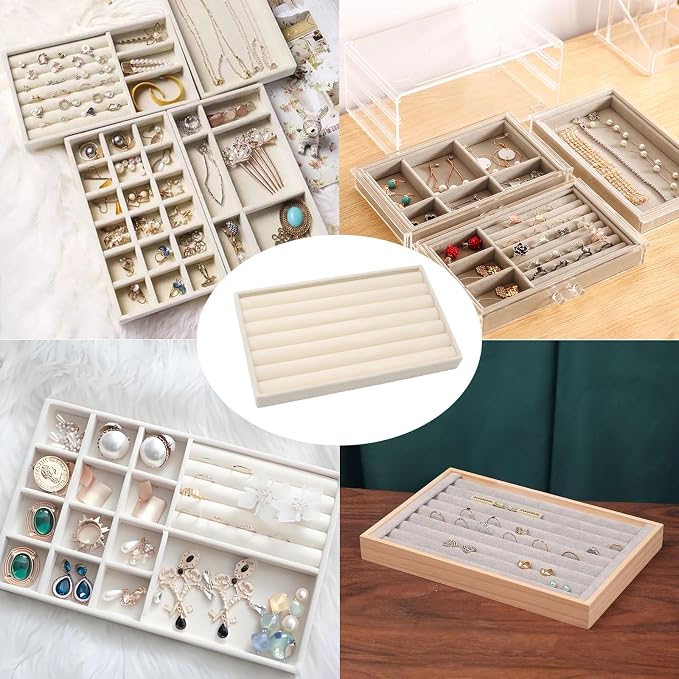 Velvet Jewelry Organizer Trays Beige Stackable Jewelry Storage Display Tray, 8 Rolls