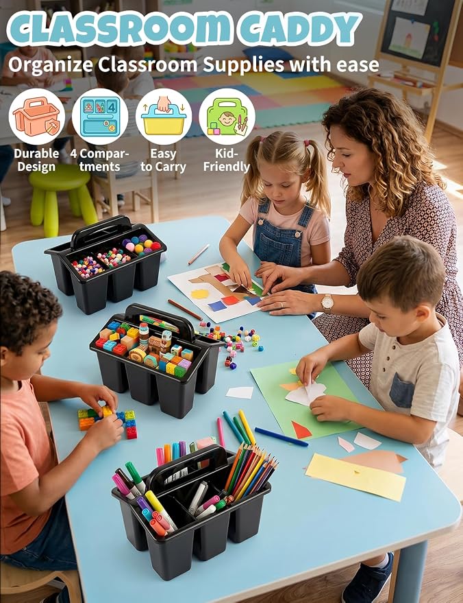 6 Pack Classroom Caddy Organizer with Handle, Table Caddy Classroom | 4 Compartments, 9×6.3×6.7 inches, Thick Durable PP Plastic, Built-in Handle, Stackable Design, for Classroom Desk Office Home
