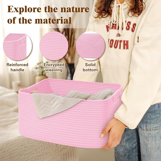 3 Pack Large Storage Basket for Organizing, 17.5"x13"x7" Woven Basket for Shelves, Closet Cube Storage Bins with Wrapped Handle, Cotton Rope Baskets for Kitchen, Clothes, Toys(Light Pink)
