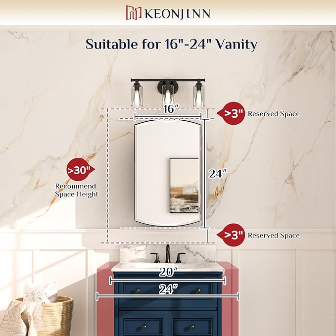 Keonjinn Black Medicine Cabinet 16 x 26 Inch, Surface Mount or Recessed Bathroom Cabinets with Mirrors, Metal Framed Wall Mirror with Storage, 2 Adjustable Shelves, Beveled Edge Mirror