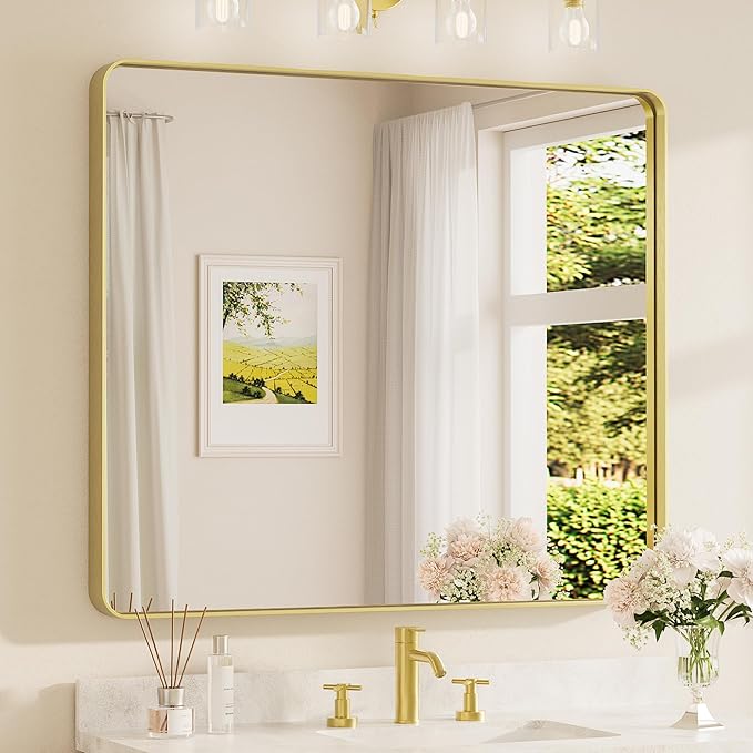 TETOTE 42 x 36 Inch Gold Mirror for Bathroom, Brushed Metal Frame Vanity Mirror, Brass Gold Rectangle Modern Decorative Wall Mirrors for Entryway Shatterproof (Horizontal/Vertical)