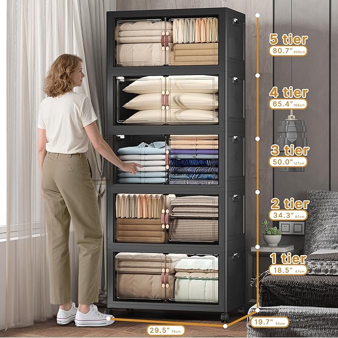 UAMFURI Extra Large Stackable Storage Bins with Lids & Wheels, Foldable Collapsible Closet Organizers Dark Storage Cabinet with Doors for Bedroom Dorm