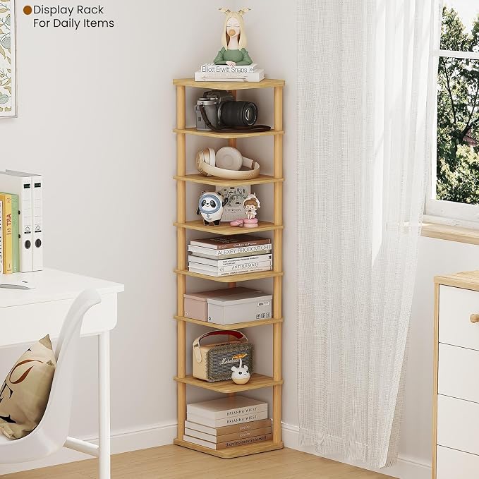 8 Tiers Vertical Shoe Rack Tall Narrow Shoe Tower Corner Shoe Rack, Natural | Small Shoe Organizer for Entryway, Closet, Dorm & Small Spaces, Freestanding Wooden Shoe Shelf for Boots, Sneakers, Heels.