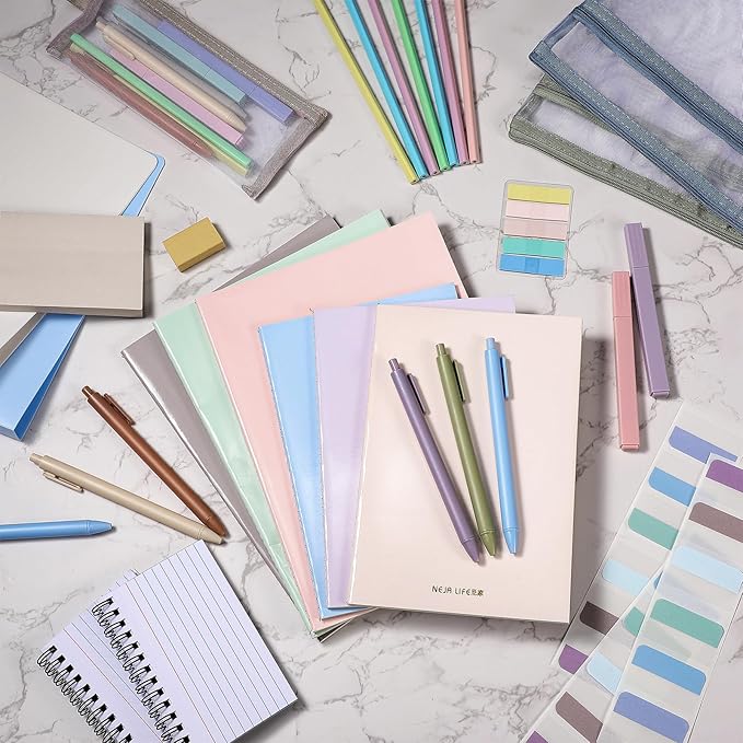 Colarr 54 Pcs Cute Notebook Stationery Set for Women, Bible Study Supplies, 6 Lined Notebooks, 36 Pens, Sticky Notes & Tabs, Bags & Folders for Work Journal Study College Office Supply(Morandi)