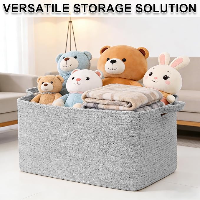 96L XXXLarge Woven Laundry Basket with Sturdy Handles - Grey | Machine washable,Space-Saving Collapsible Design,Cotton rope, blanket basket living room,for toys clothes nursery bathroom