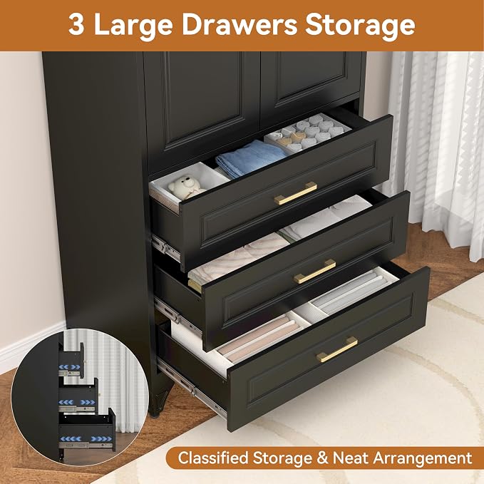 Polup Metal Armoire Wardrobe Closet with Three Drawers, 71“ Tall Large Wardrobe Cabinet with Doors and Hanging Rod, Freestanding Steel Clothes Cabinet for Bedroom, Office, Laundry Room, Black
