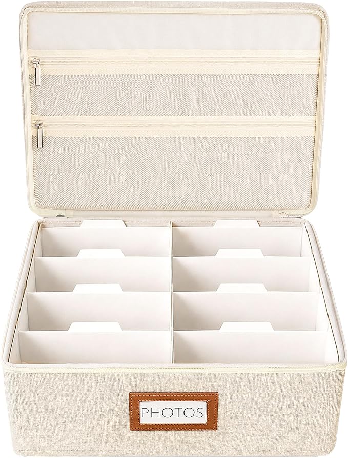 FANGSUN Photo Storage Box with Lid, Stores 2000+ 4x6 Pictures, Dual Mesh Pockets for Larger Prints, Linen Photo Organizer with Dividers, Labels & Side Handle for Family and Travel Memories