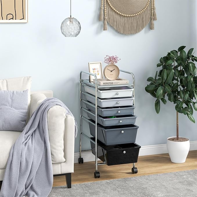 DREAMADE Rolling Cart with Storage Drawers, Utility Cart with Removable Plastic Drawers, Lockable Wheels, Art Cart for Classroom Organization Art Supplies Office Scrapbook (6 Drawers, Mixed-black)