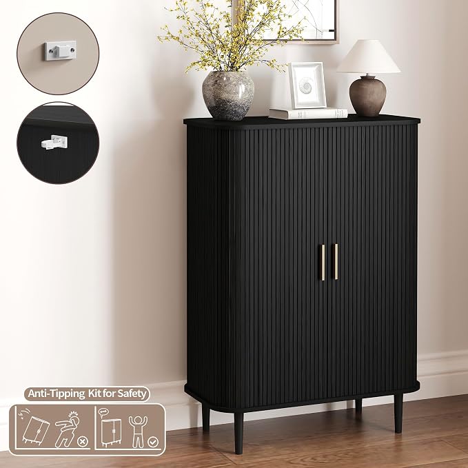 DHH Shoe Storage Cabinet with Sliding Door, 6-Tier Shoe Cabinet with Adjustable Shelves, Mid-Century Modern Freestanding Shoe Storage Organizer for Entryway, Hallway, Living Room (Black, 31.5 ")